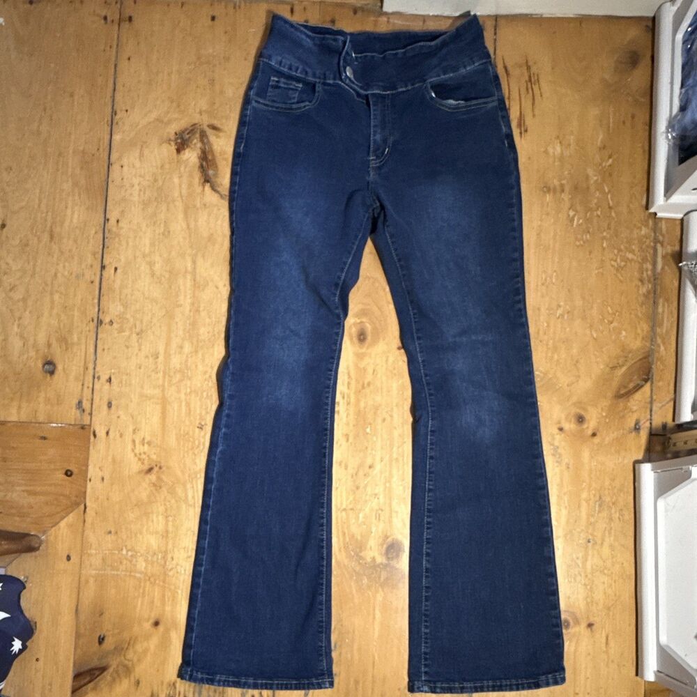 SHEIN SXY Women's Blue Denim Flared Jeans High Rise Dark Wash Button Pockets
